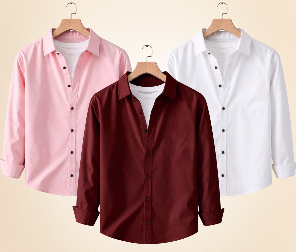 Coofandy Men's Solid Full Sleeve Casual Shirts – Burgundy, Peach Pink and White (Pack of 3)