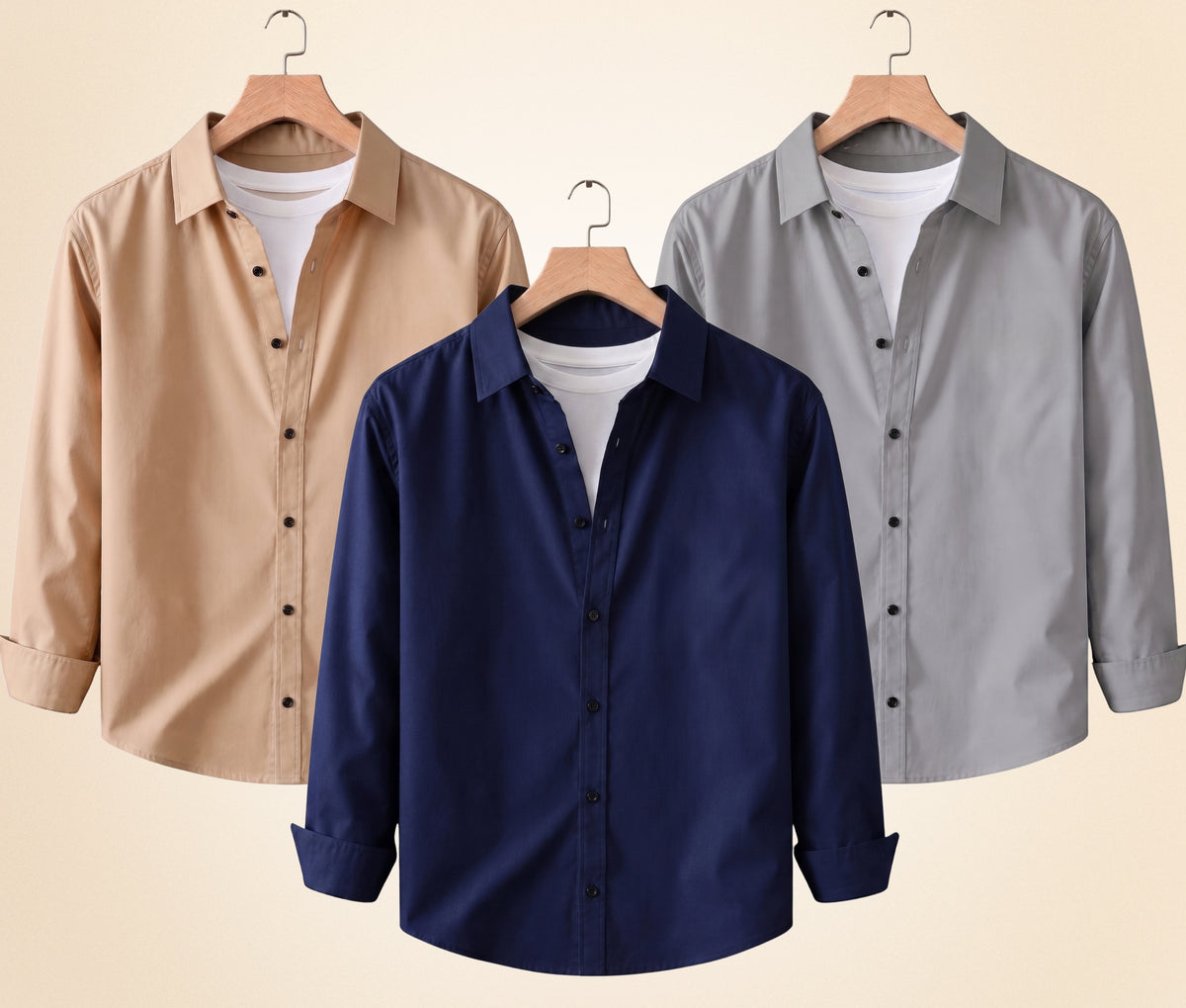 Coofandy Men's Solid Full Sleeve Casual Shirts – Sand Beige, Grey and Navy Blue (Pack of 3)
