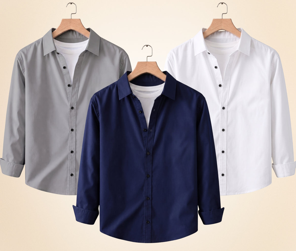 Coofandy Men's Solid Full Sleeve Casual Shirts – Grey, Navy Blue and White (Pack of 3)