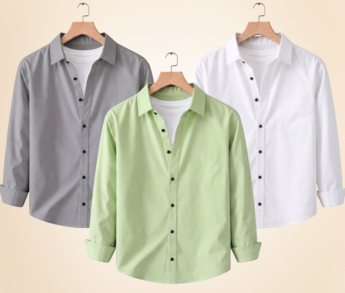 Coofandy Men's Solid Full Sleeve Casual Shirts – Grey, Pista and White (Pack of 3)
