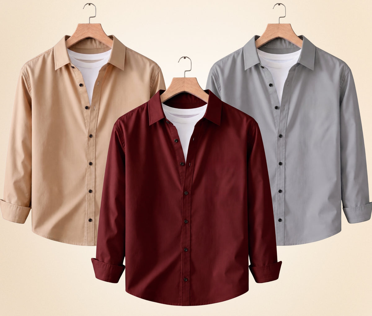 Coofandy Men's Solid Full Sleeve Casual Shirts – Sand Beige, Grey and Burgundy (Pack of 3)