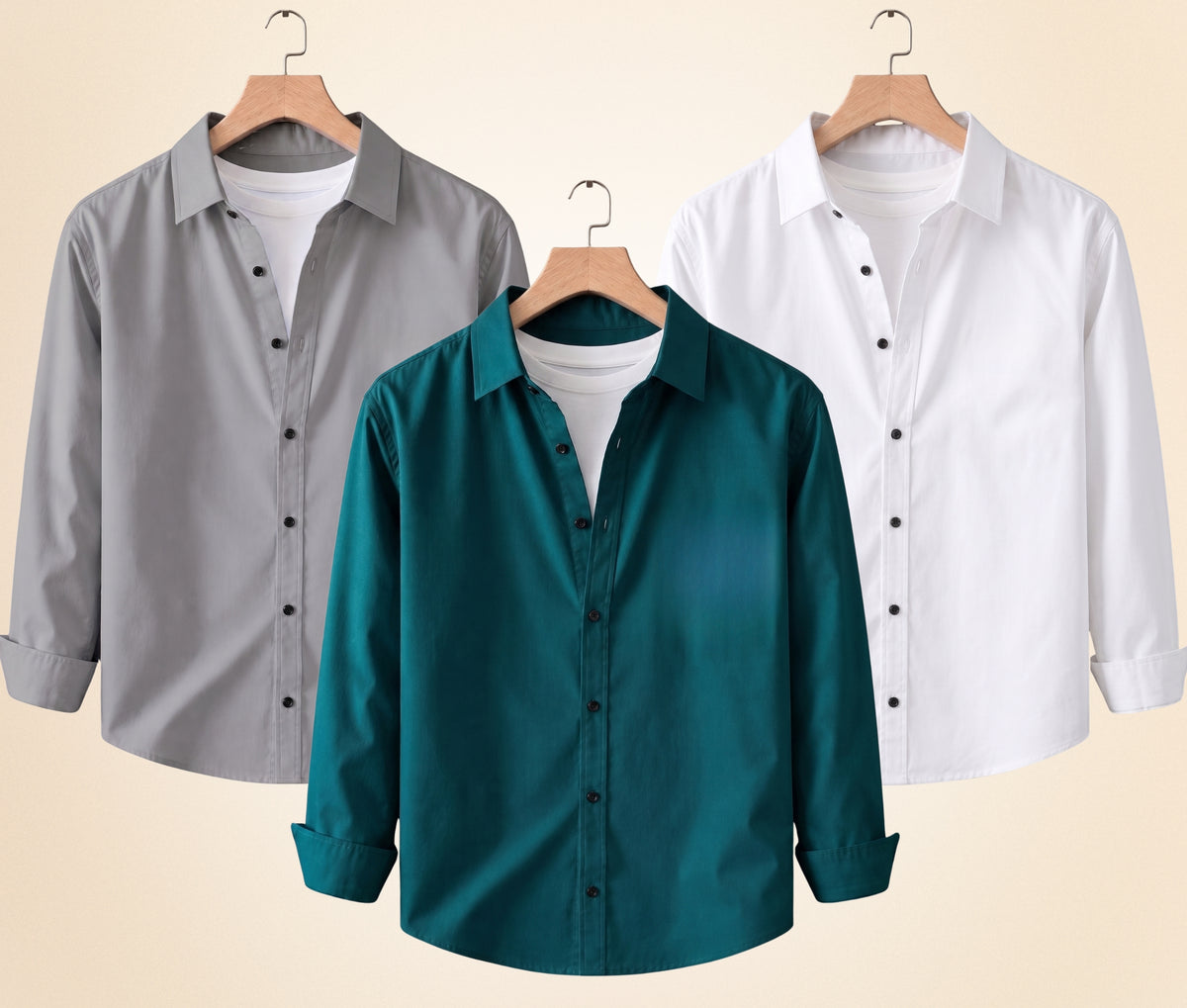 Coofandy Men's Solid Full Sleeve Casual Shirts – Grey, Teal Green and White (Pack of 3)