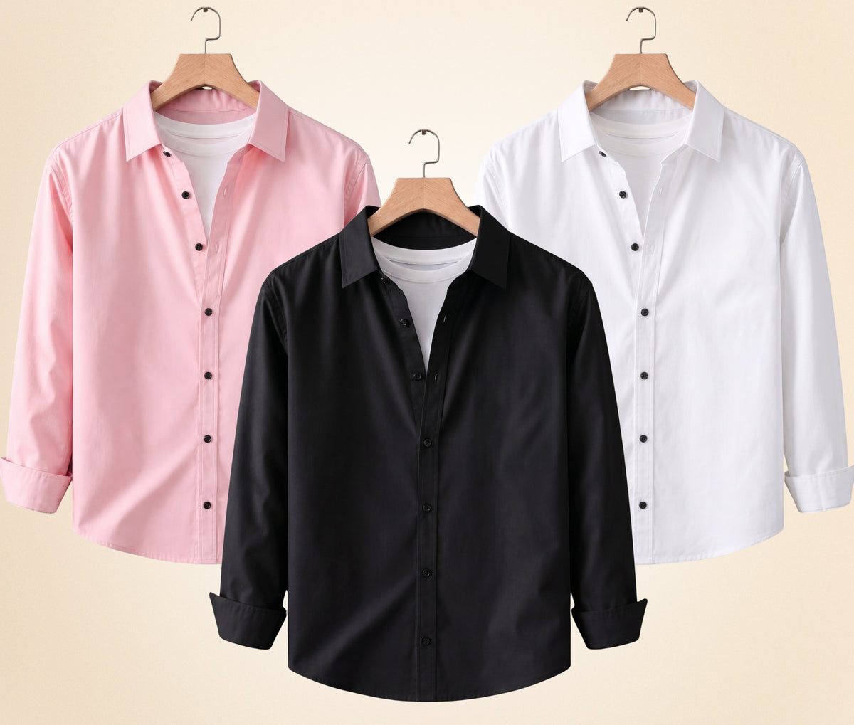 Coofandy Men's Solid Full Sleeve Casual Shirts – Black, Peach Pink and White (Pack of 3)