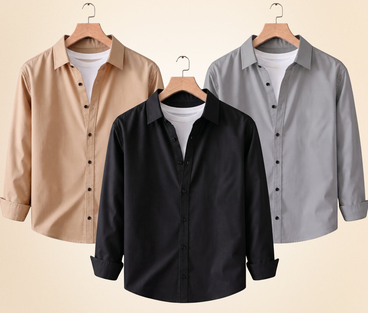 Coofandy Men's Solid Full Sleeve Casual Shirts – Black, Sand Beige and Grey (Pack of 3)