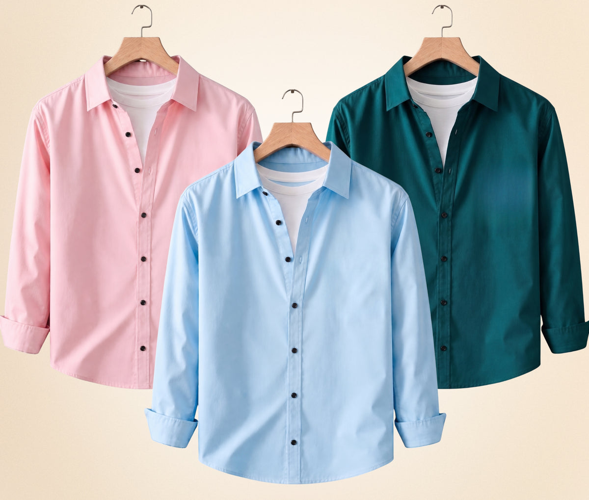 Coofandy Men's Solid Full Sleeve Casual Shirts – Peach Pink, Sky Blue and Teal Green (Pack of 3)