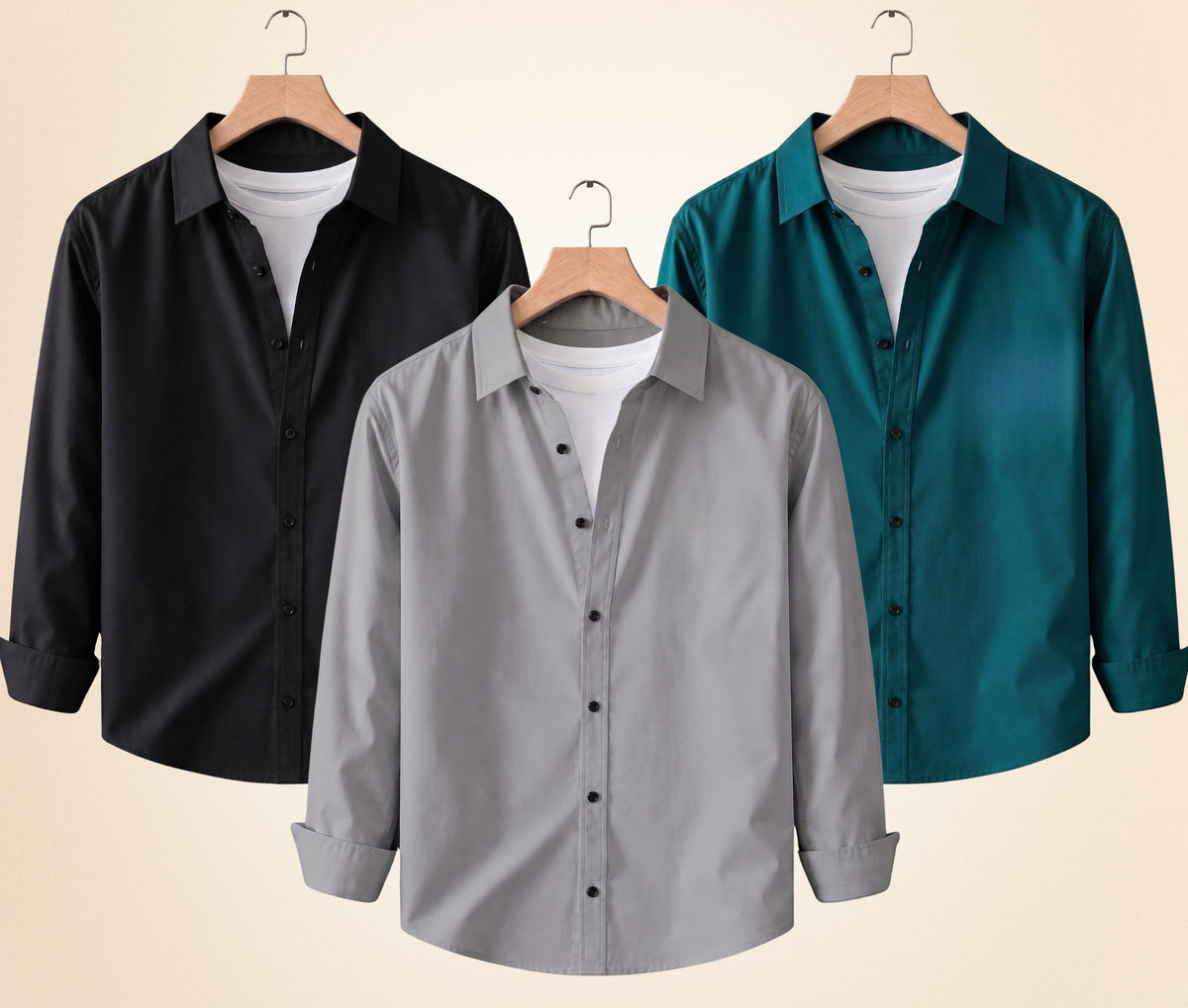 Coofandy Men's Solid Full Sleeve Casual Shirts – Black, Grey and Teal Green (Pack of 3)