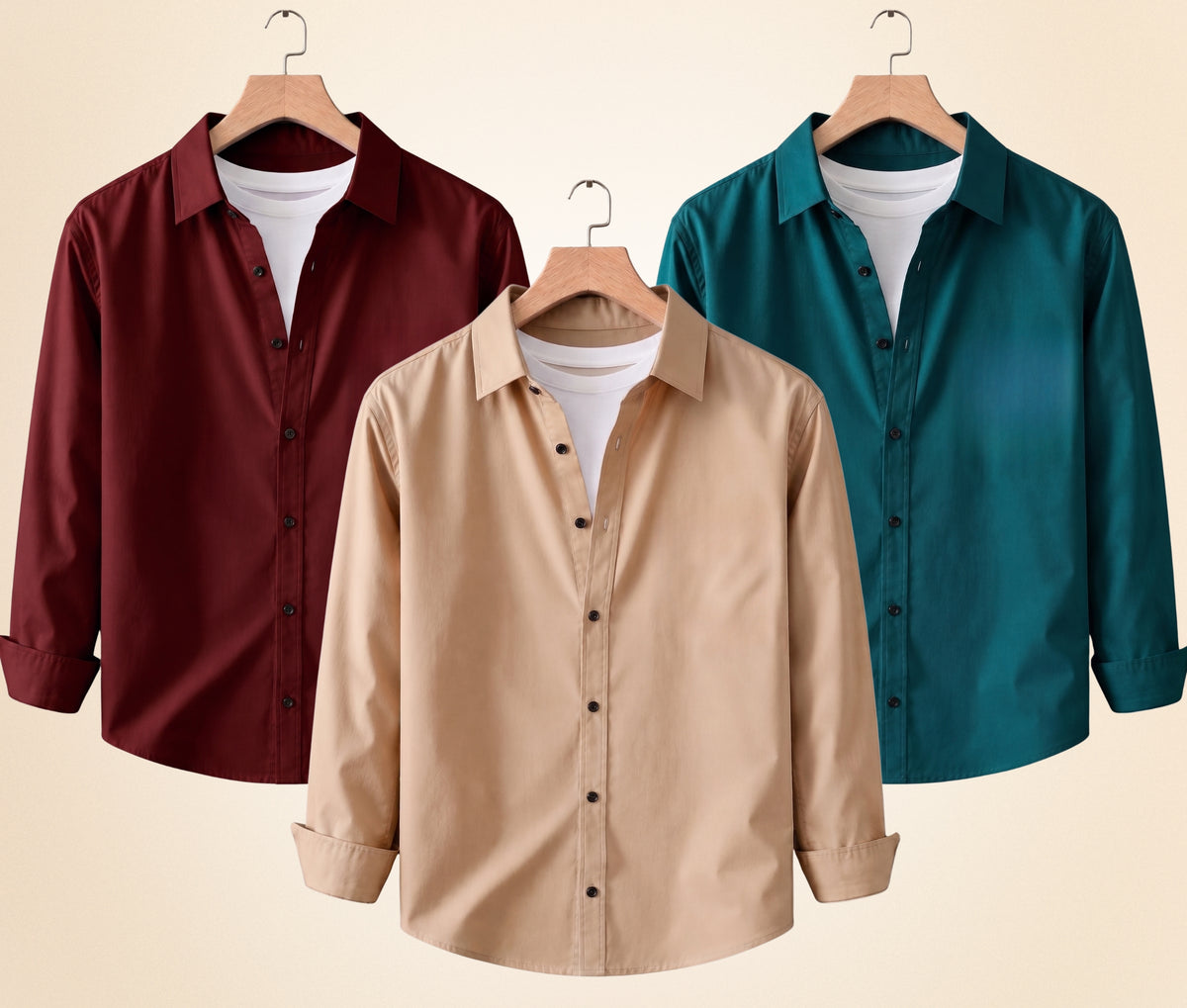Coofandy Men's Solid Full Sleeve Casual Shirts – Sand Beige, Burgundy and Teal Green (Pack of 3)