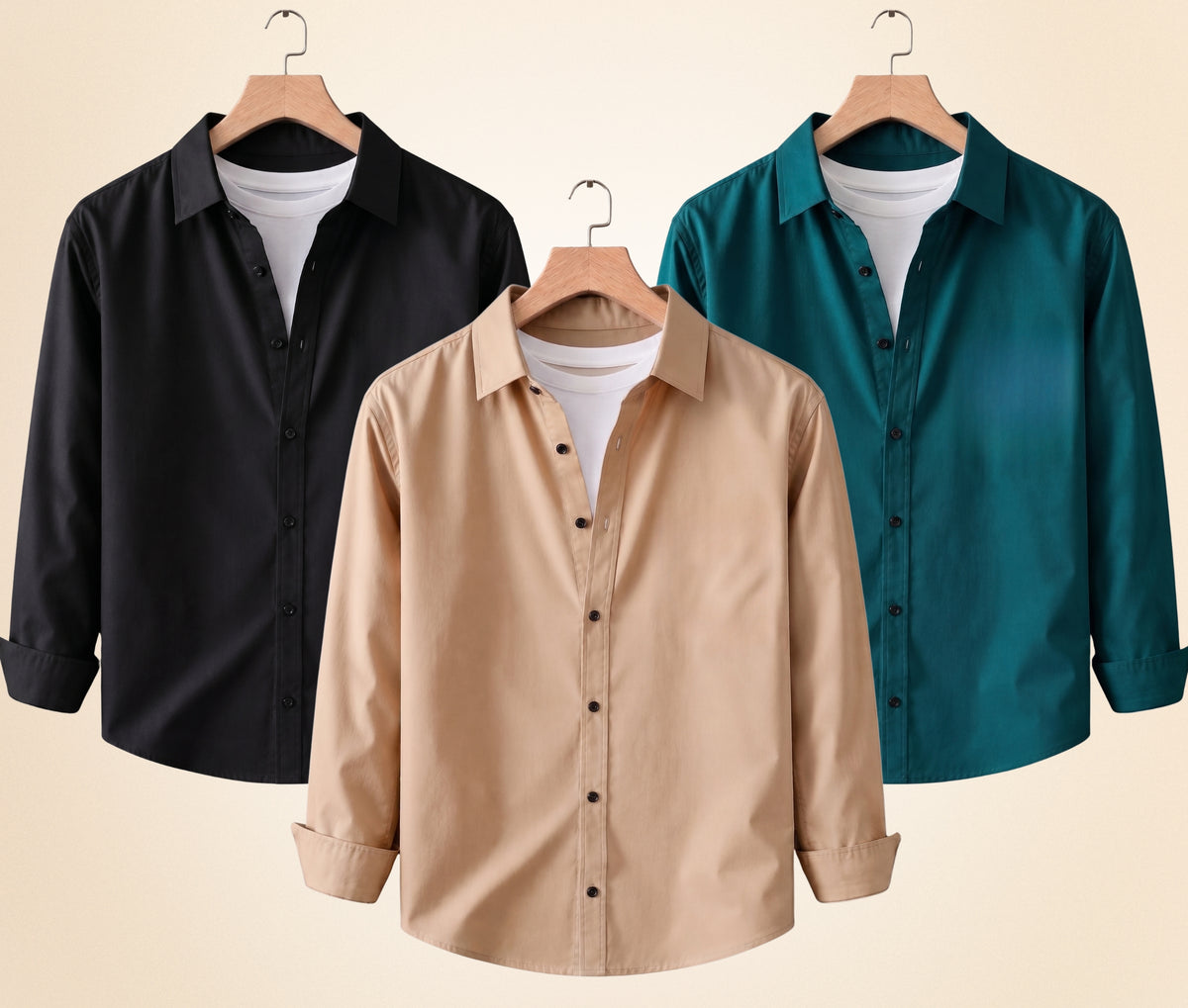 Coofandy Men's Solid Full Sleeve Casual Shirts – Black, Sand Beige and Teal Green (Pack of 3)