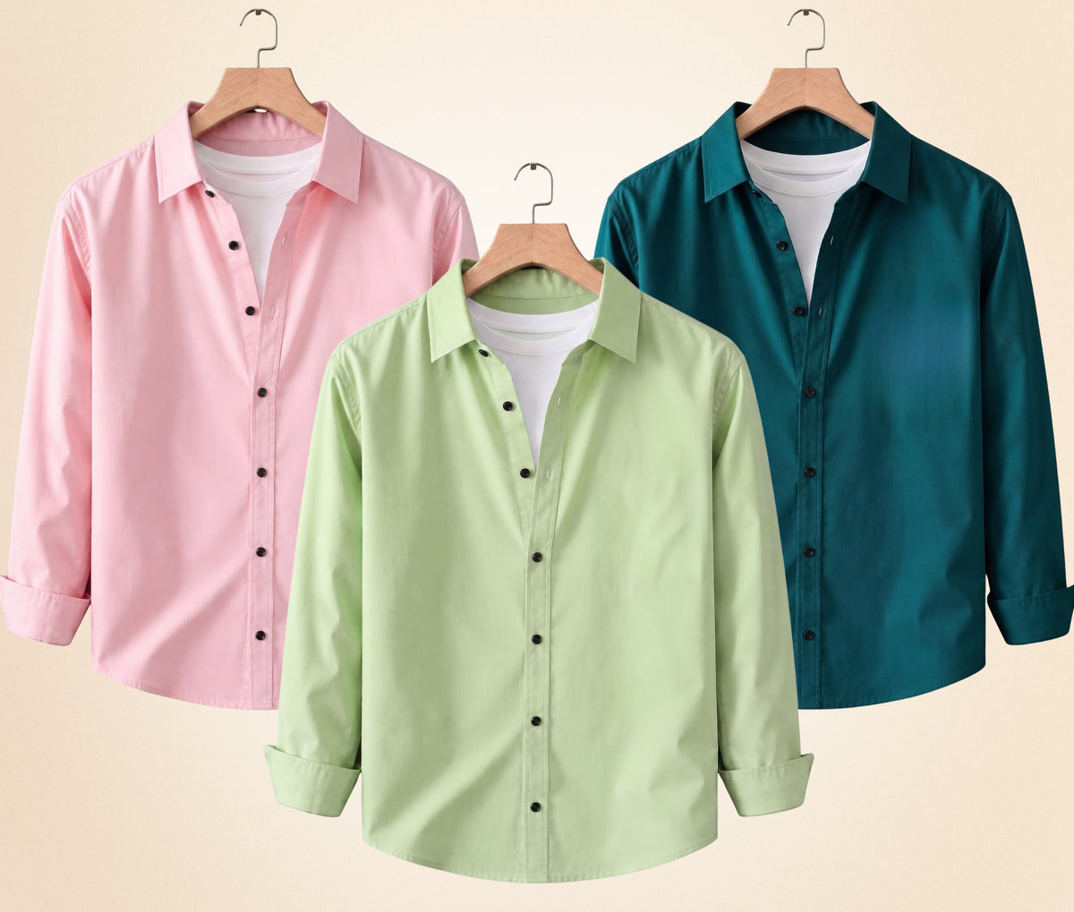 Coofandy Men's Solid Full Sleeve Casual Shirts – Peach Pink, Pista and Teal Green (Pack of 3)