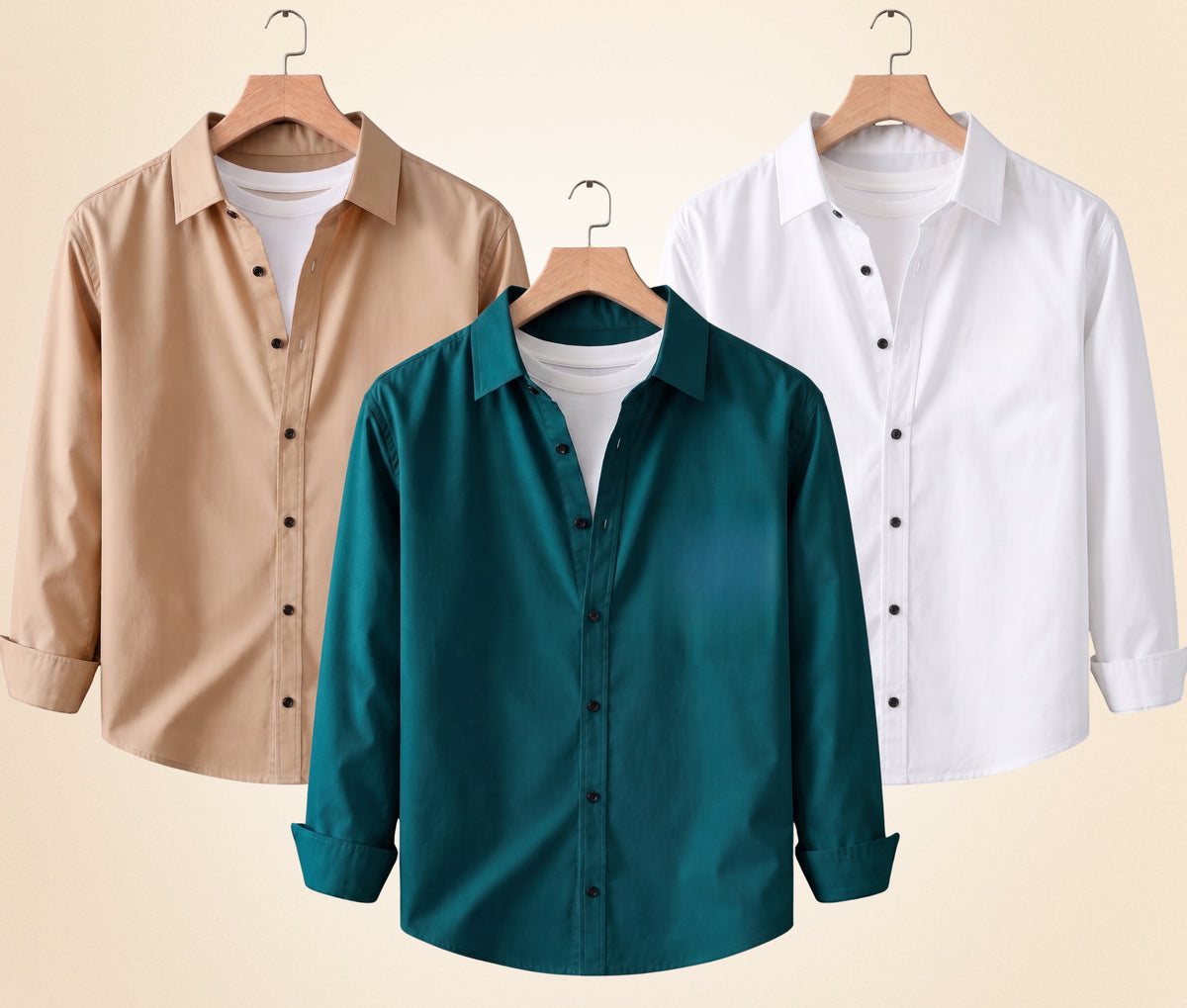 Coofandy Men's Solid Full Sleeve Casual Shirts – Sand Beige, Teal Green and White (Pack of 3)