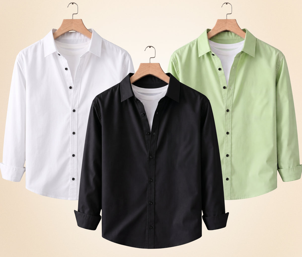 Coofandy Men's Solid Full Sleeve Casual Shirts – Black, Pista and White (Pack of 3)