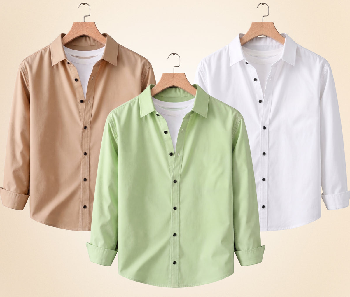 Coofandy Men's Solid Full Sleeve Casual Shirts – Sand Beige, Pista and White (Pack of 3)