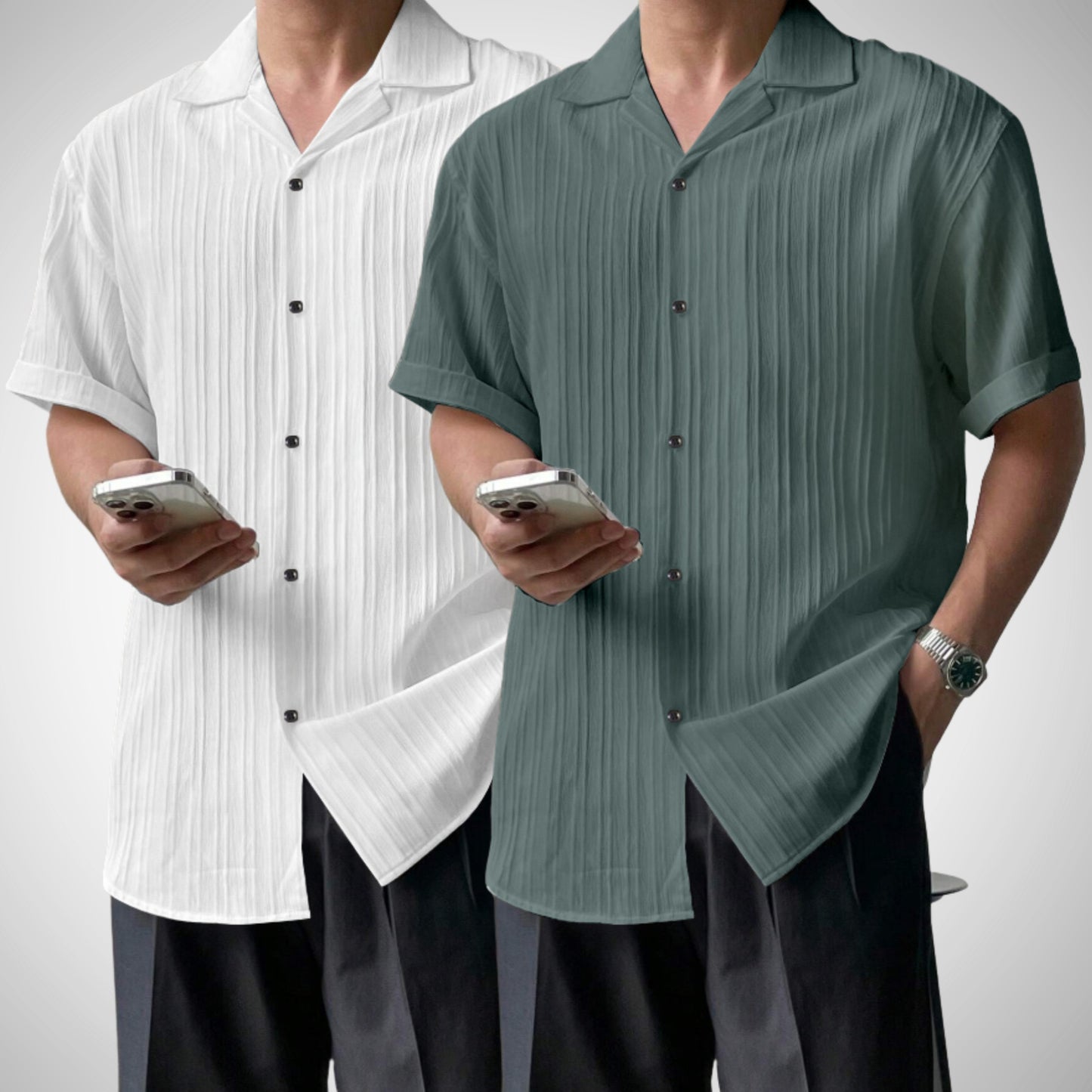 Popcon Half Sleeve PolyCotton White & Green Shirt For Men (Pack Of 2)